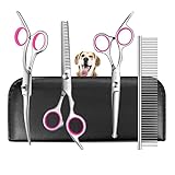 TOPGOOSE Hundepflege Schere Set, Sicherheit Runde Spitze Grooming Tools 6 Stück Kit für Haustiere Hunde Katzen Ganzkörper - Professionelle gebogen, Ausdünnen, gerade Schere, Kamm (Rosa)