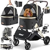 LOVPET® Hundewagen 3in1 Hundebuggy Hundebox Transporttasche 360° Große Räder Faltbar klappbar Haustiere Buggy Netzfenstern, Regenschutzabdeckung & Getränkehalter Katzenbuggy kleine Hunde Katzen