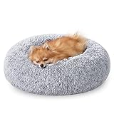 Feandrea Hundebett flauschig, Katzenbett, Donut Kissen, waschbar, Polsterung in der Mitte herausnehmbar, Langer Plüsch, 60 cm Durchmesser, Ombré-Grau PGW038G01