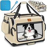 TRESKO® Hundebox faltbar inkl. Leckmatte, Spatel & Reflektoren M 61x42x42cm | Transportbox für Hunde und Katzen | Hundetransportbox Auto für kleine & große Hunde | Hundetasche robust Beige