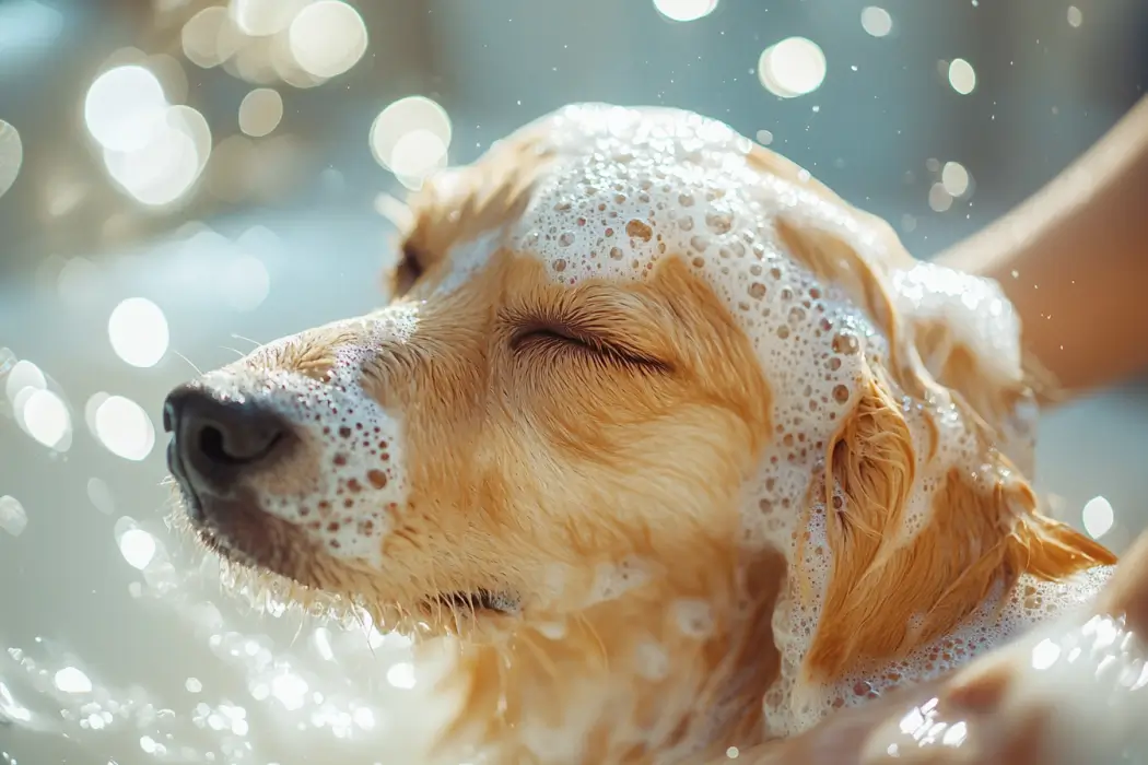 Flohshampoo Hund in der Badewanne