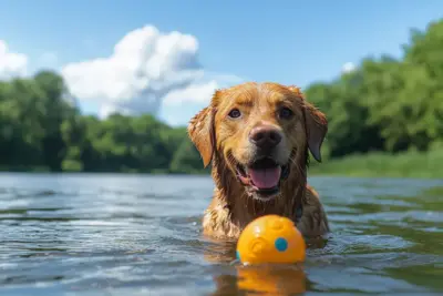 Hund schwimmt im Wasser mit einem Ball